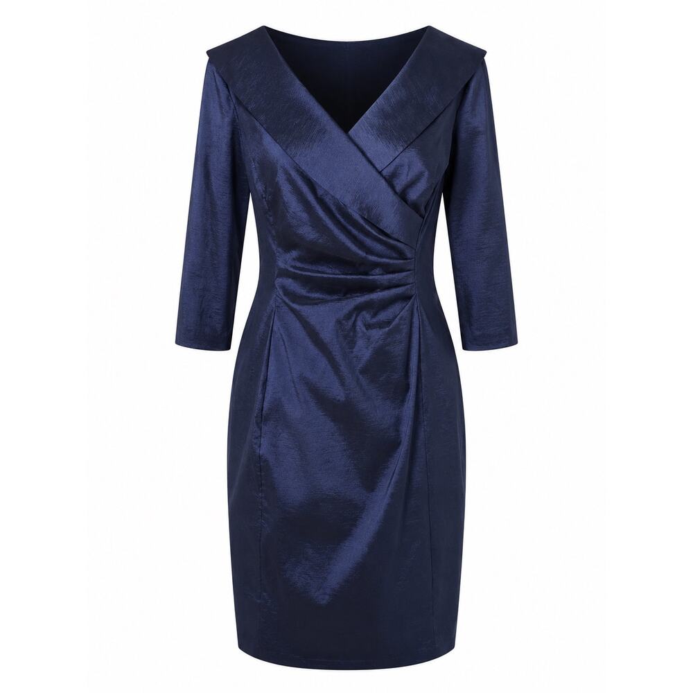 Alex Evenings Navy Blue Sheath Dress Ruched Surplice Neck 3/4 Sleeve Formal 6P